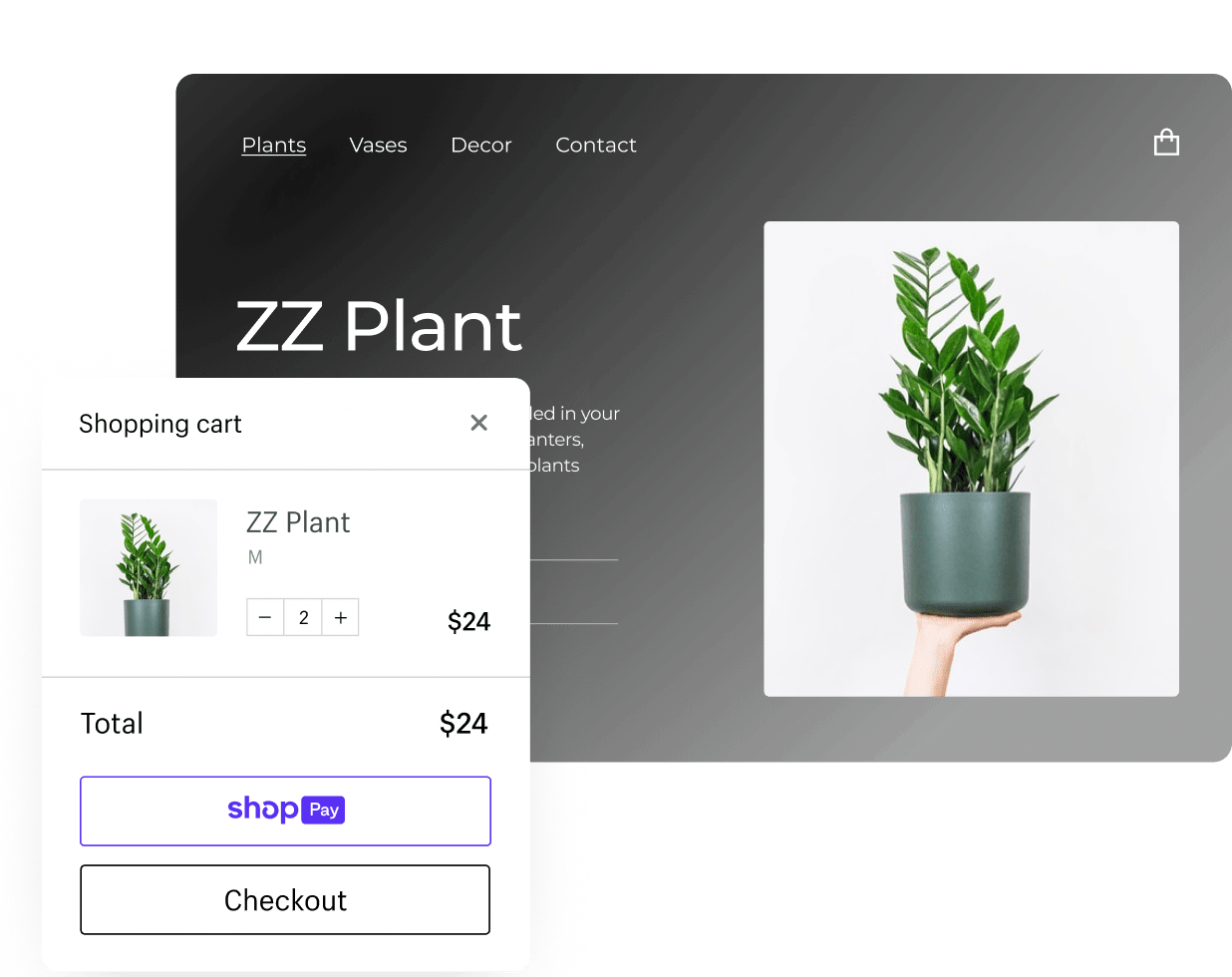 A plant product in a Shopify online store and in an online shopping cart.